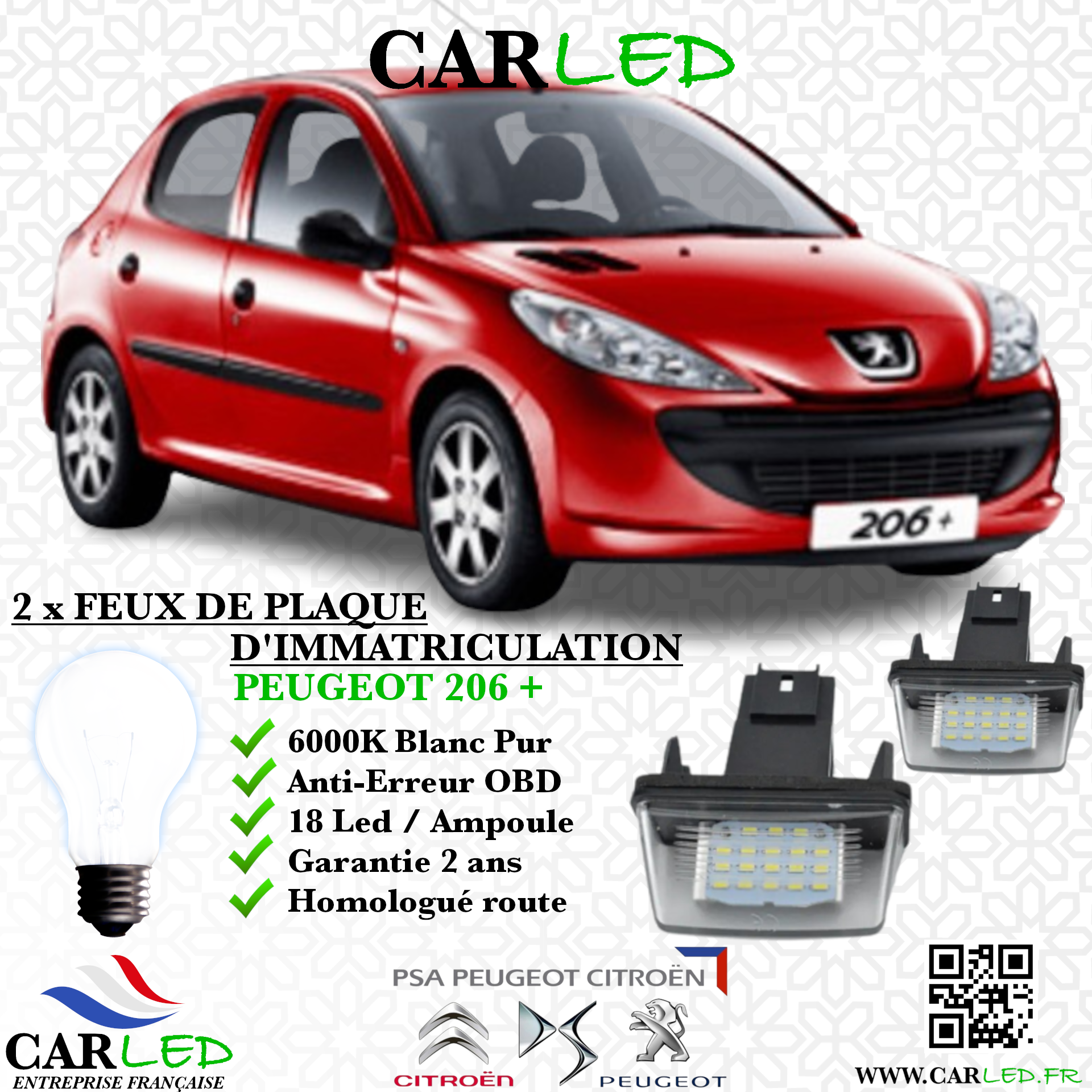 2x Feux de plaque d'immatriculation LED Peugeot 206+