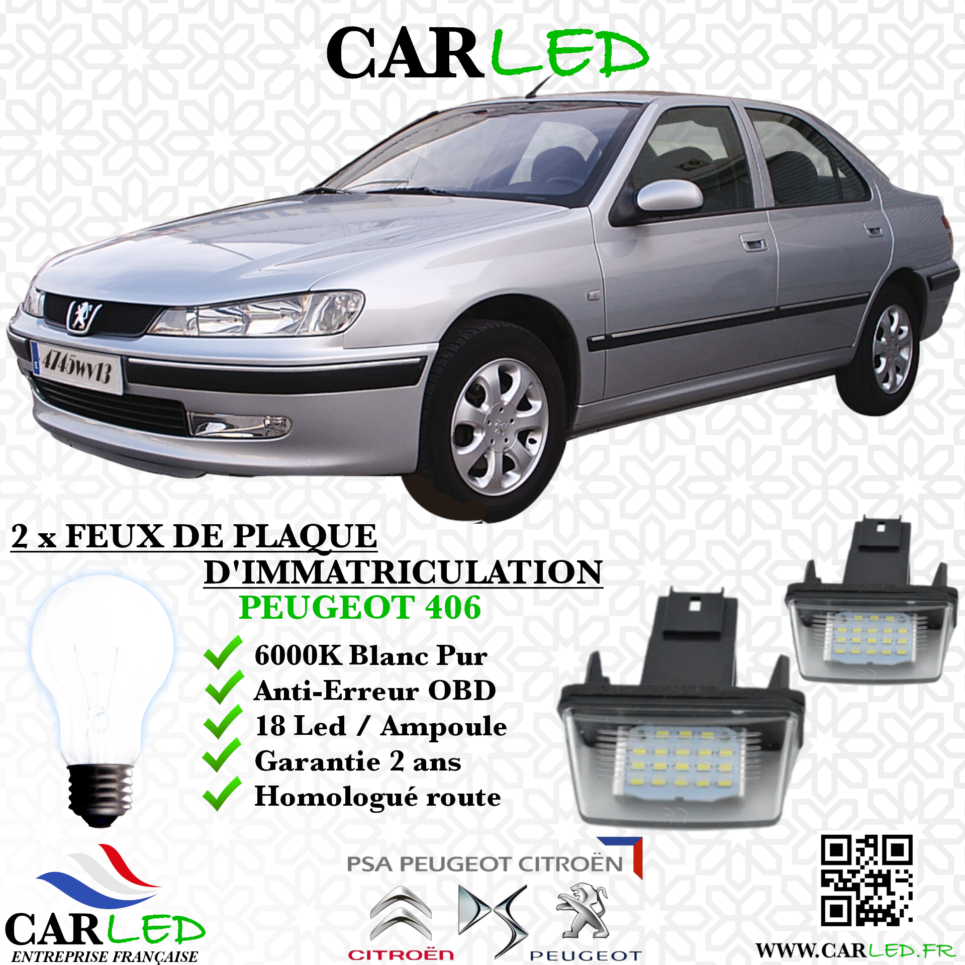 2x Feux de plaque d'immatriculation LED Peugeot 406