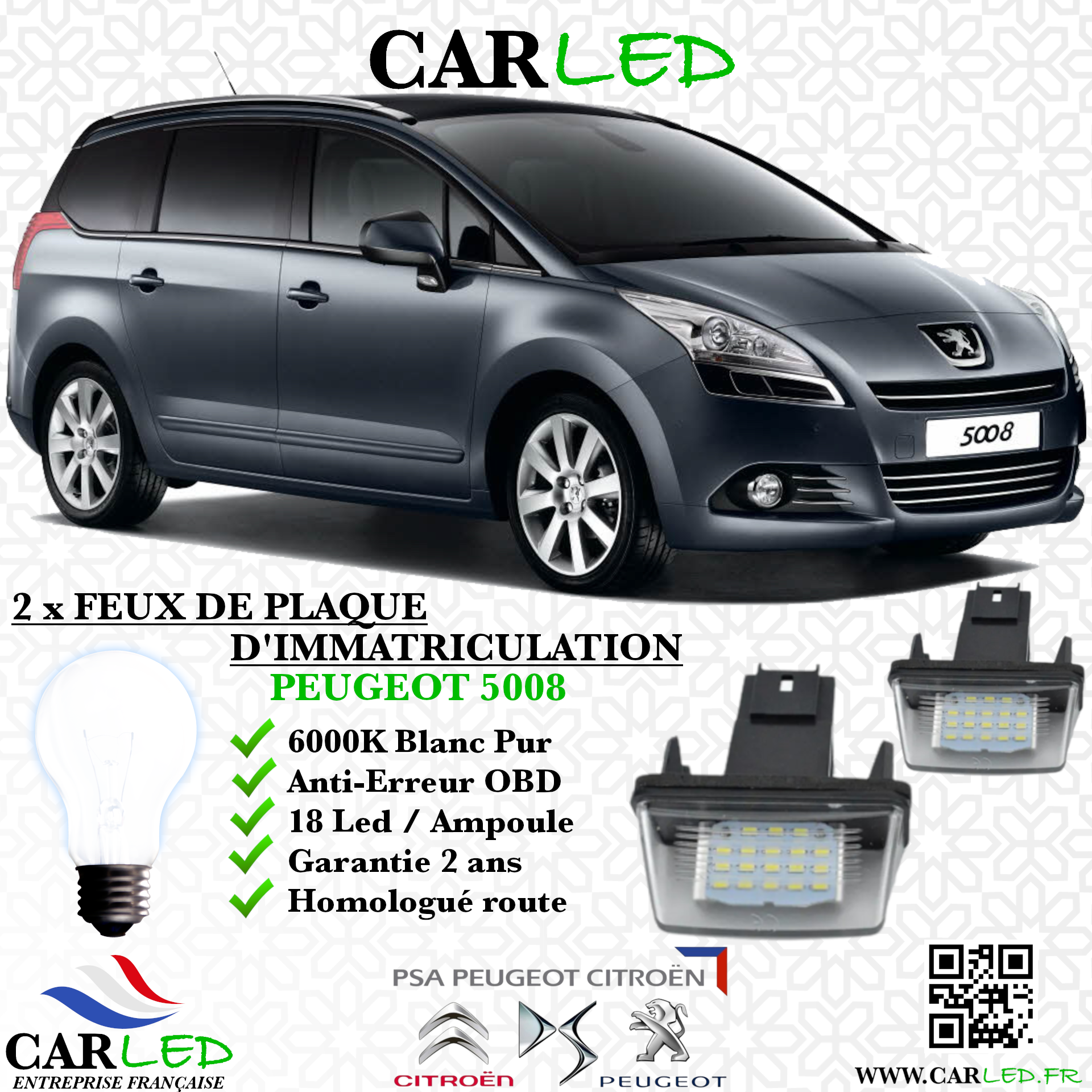 2x Feux de plaque d'immatriculation LED Peugeot 5008