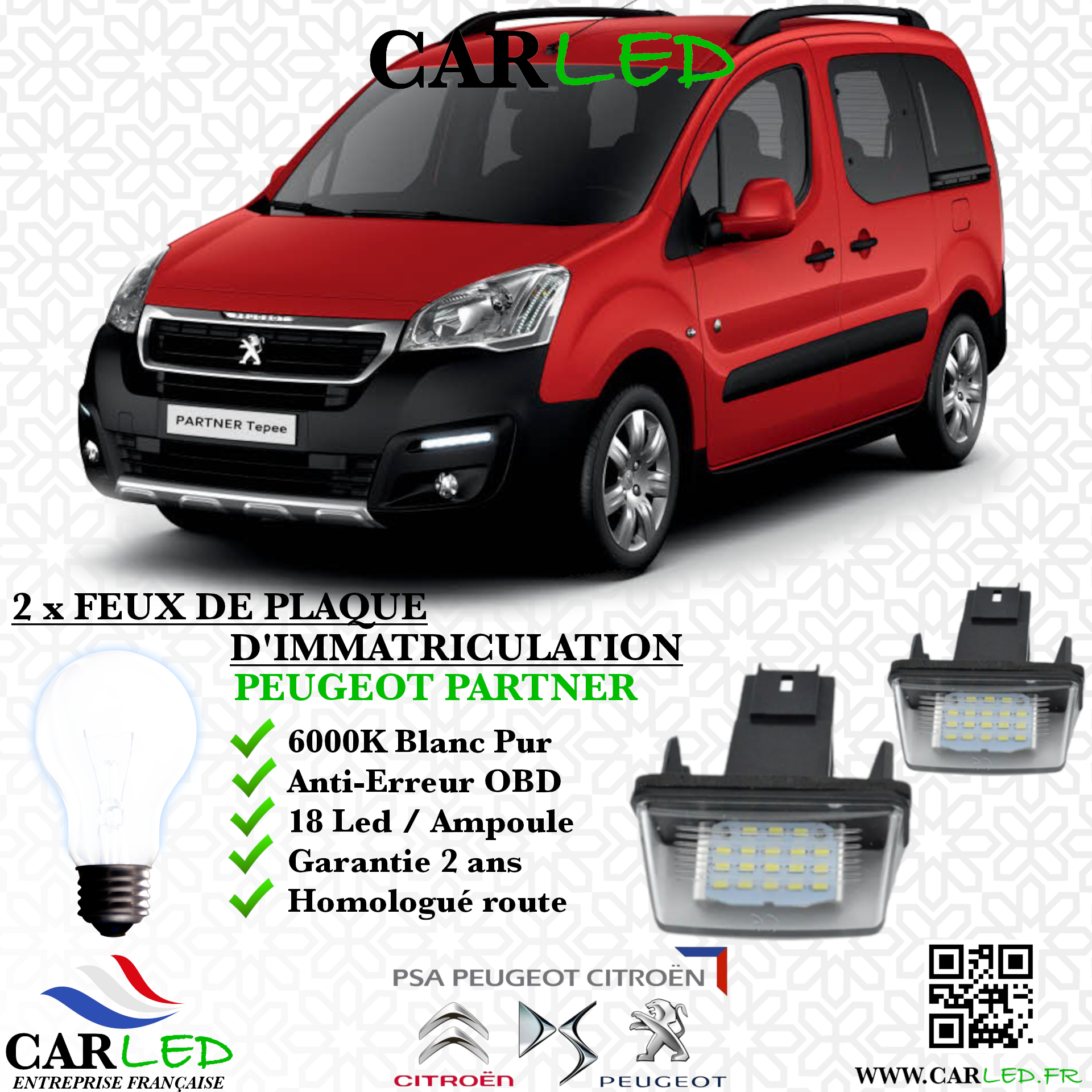 2x Feux de plaque d'immatriculation LED Peugeot Partner III