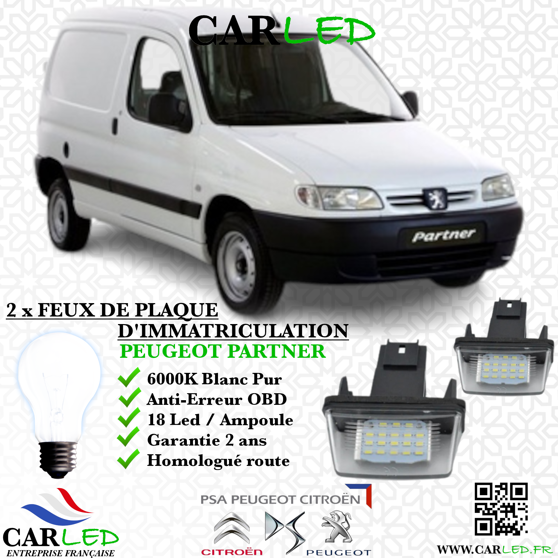 2x Feux de plaque d'immatriculation LED Peugeot Partner I