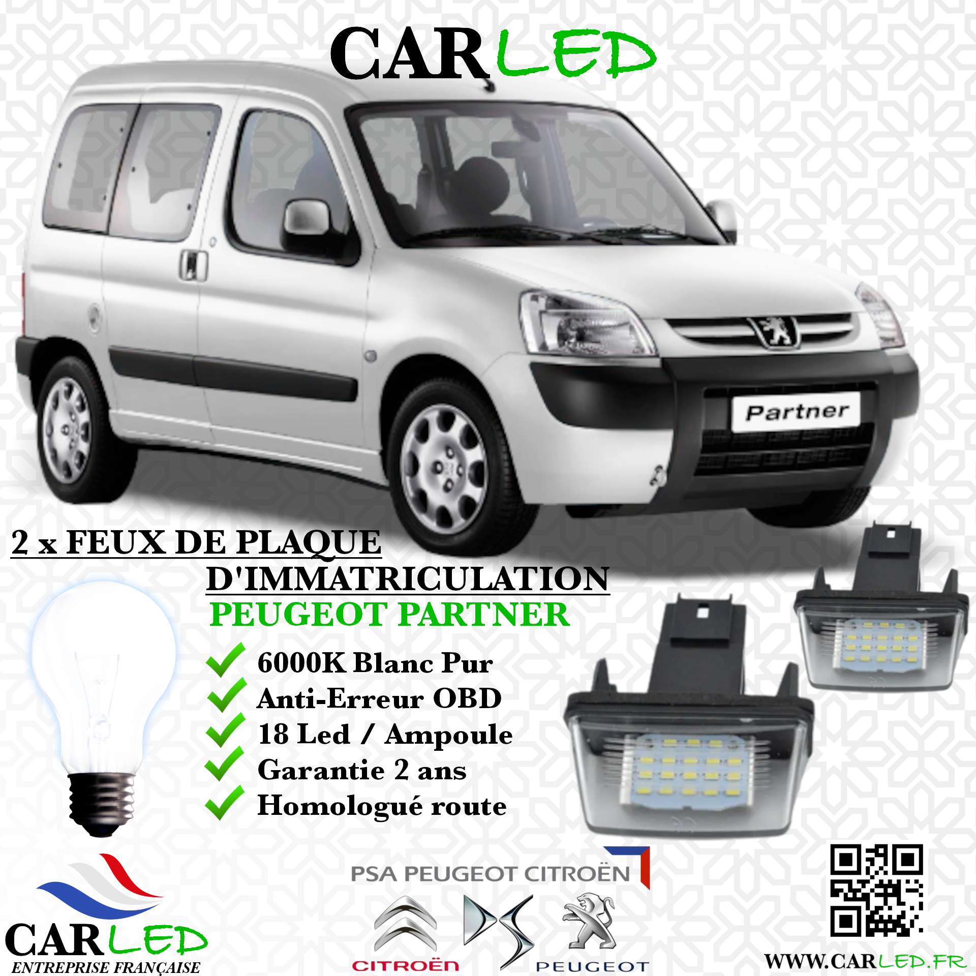 2x Feux de plaque d'immatriculation LED Peugeot Partner II