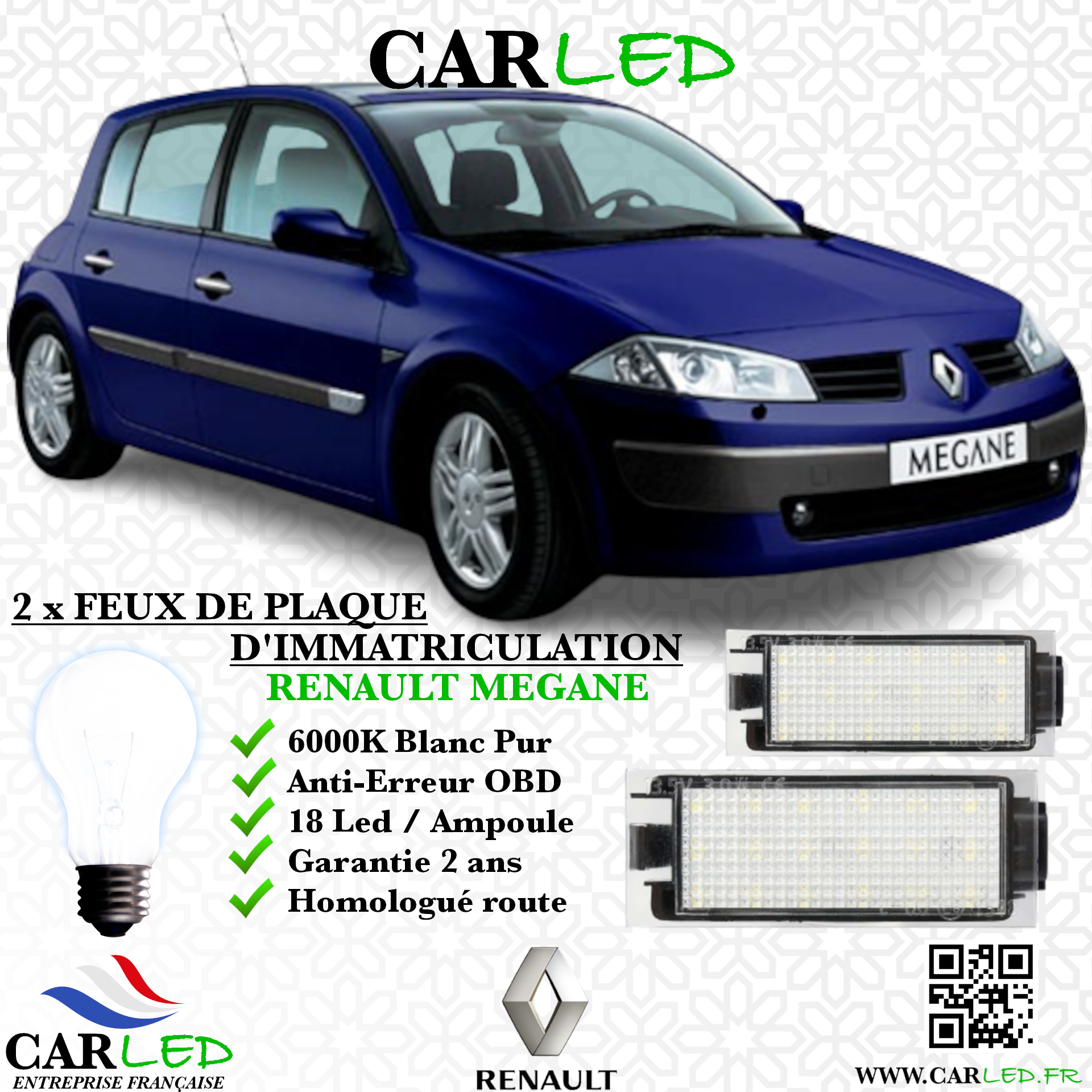 2x Feux de plaque d'immatriculation LED Renault Megane II
