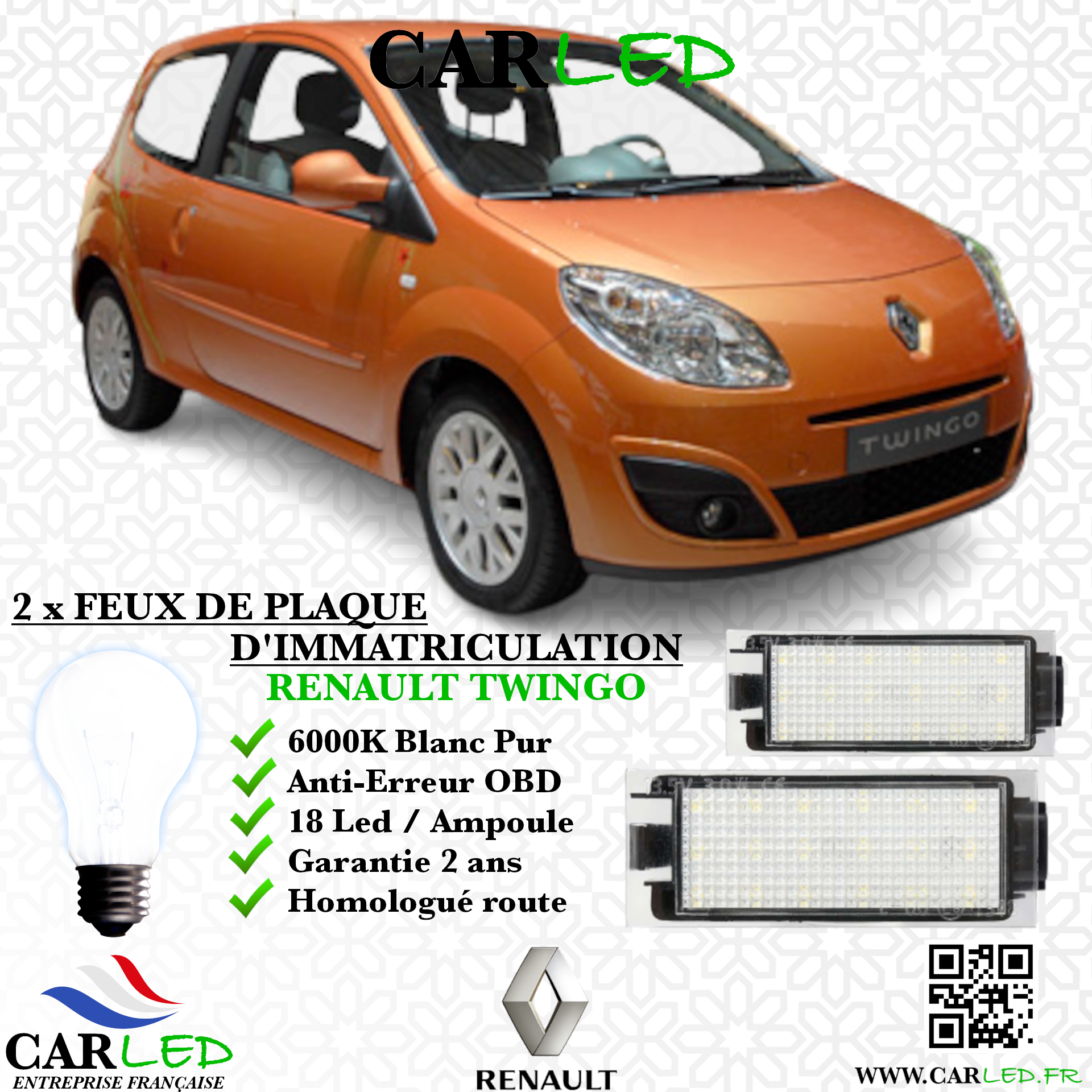 2x Feux de plaque d'immatriculation LED Renault Twingo II