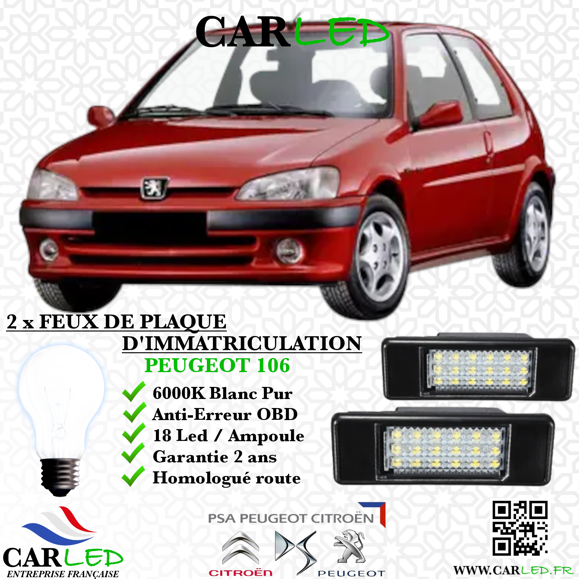 2x Feux de plaque d'immatriculation LED Peugeot 106