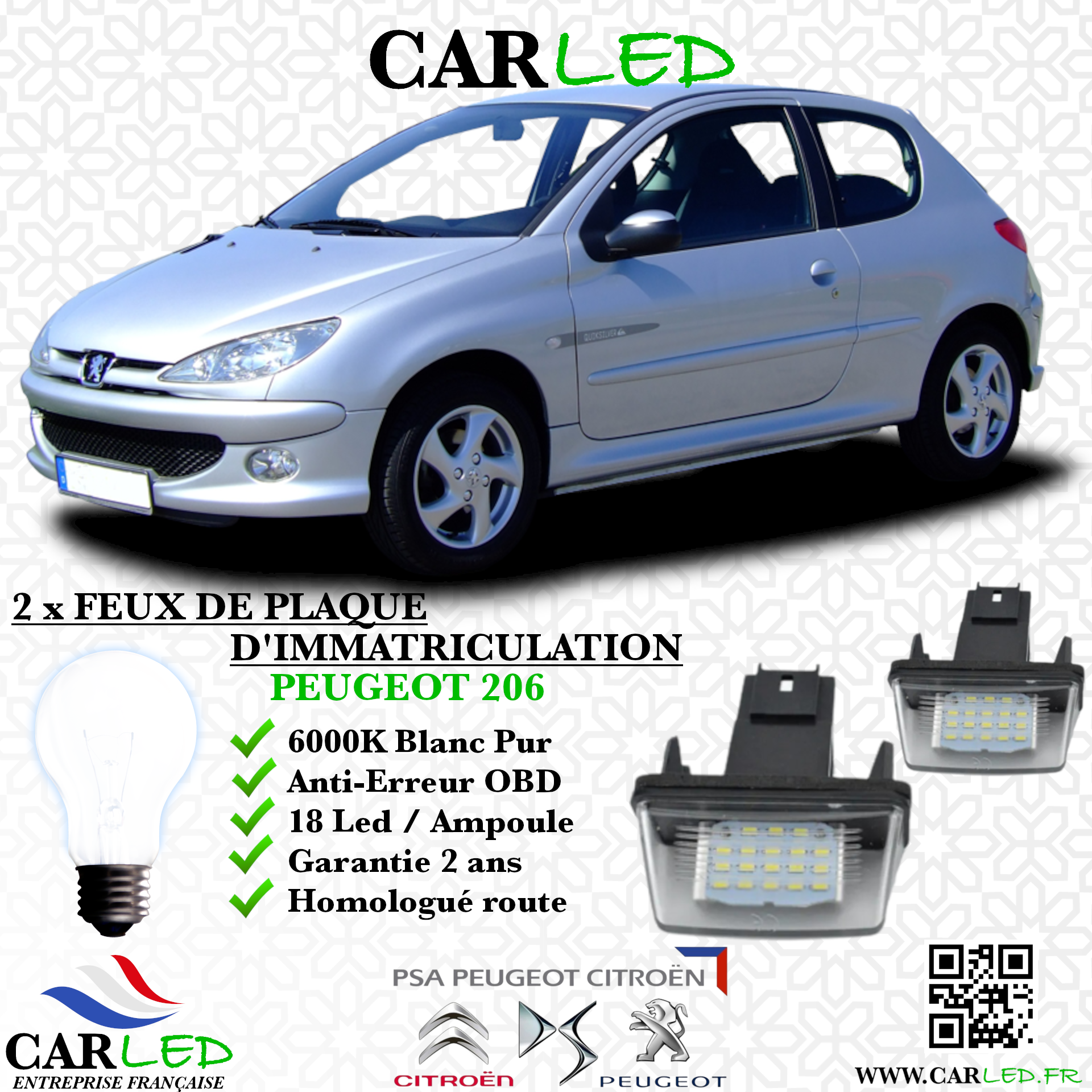 2x Feux de plaque d'immatriculation LED Peugeot 206