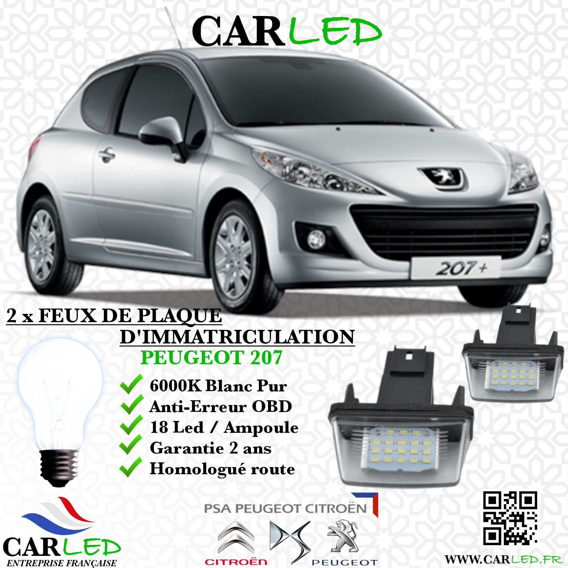 2x Feux de plaque d'immatriculation LED Peugeot 207