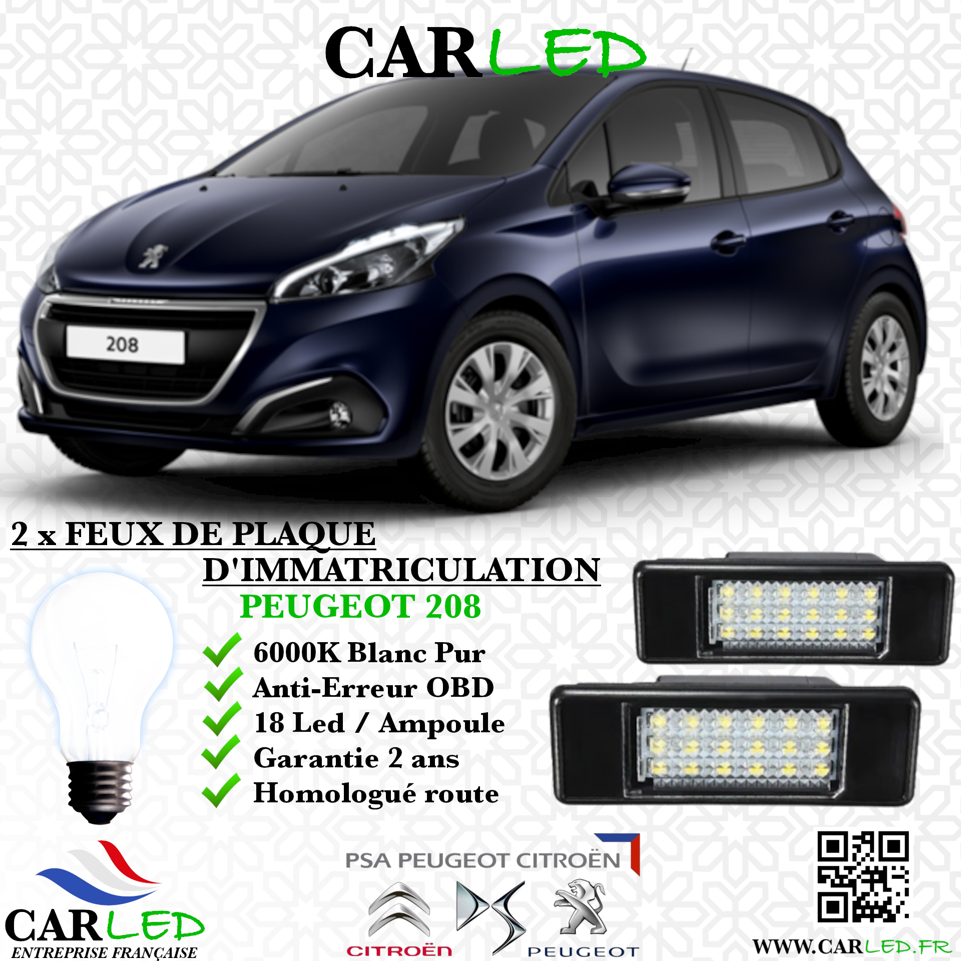 2x Feux de plaque d'immatriculation LED Peugeot 208