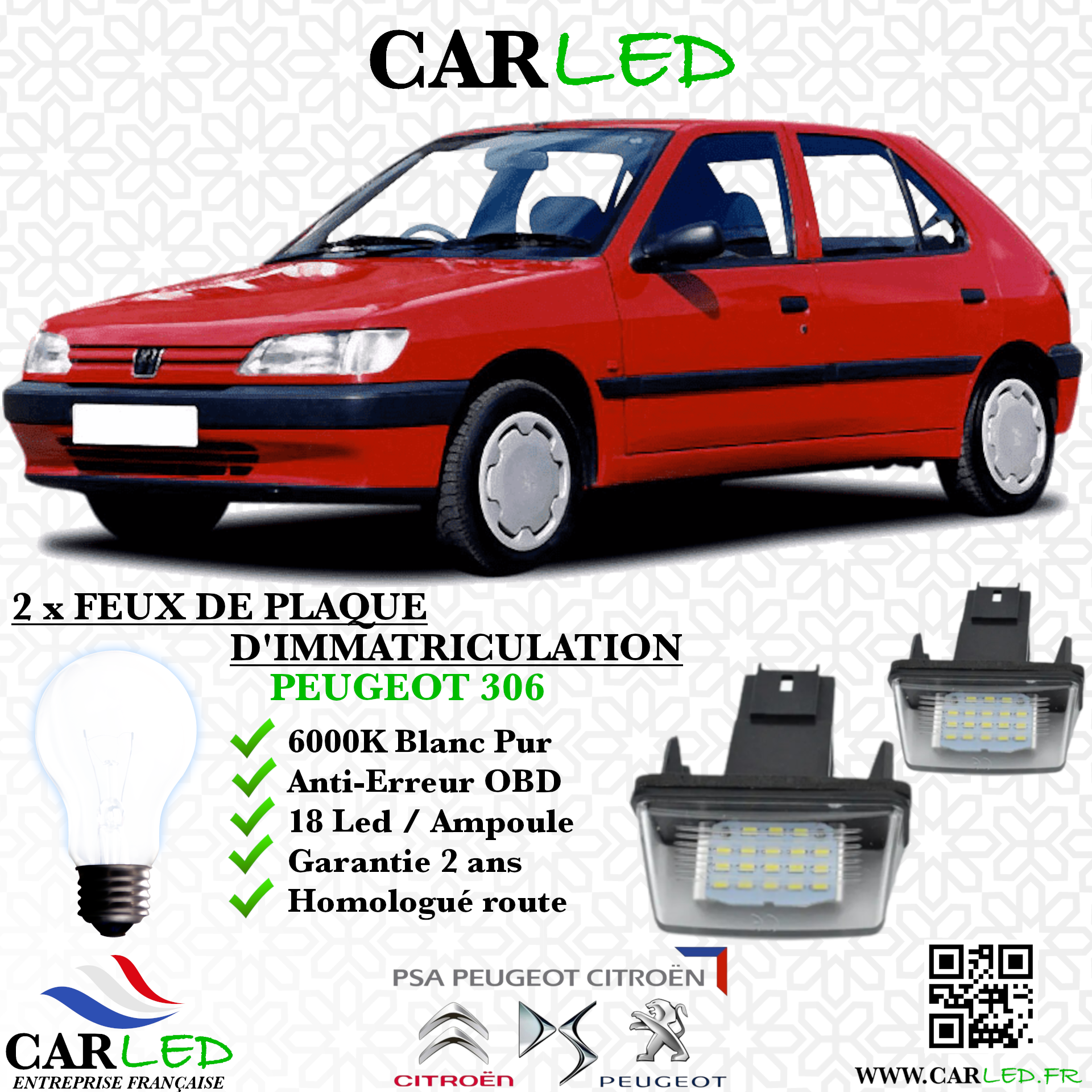 2x Feux de plaque d'immatriculation LED Peugeot 306