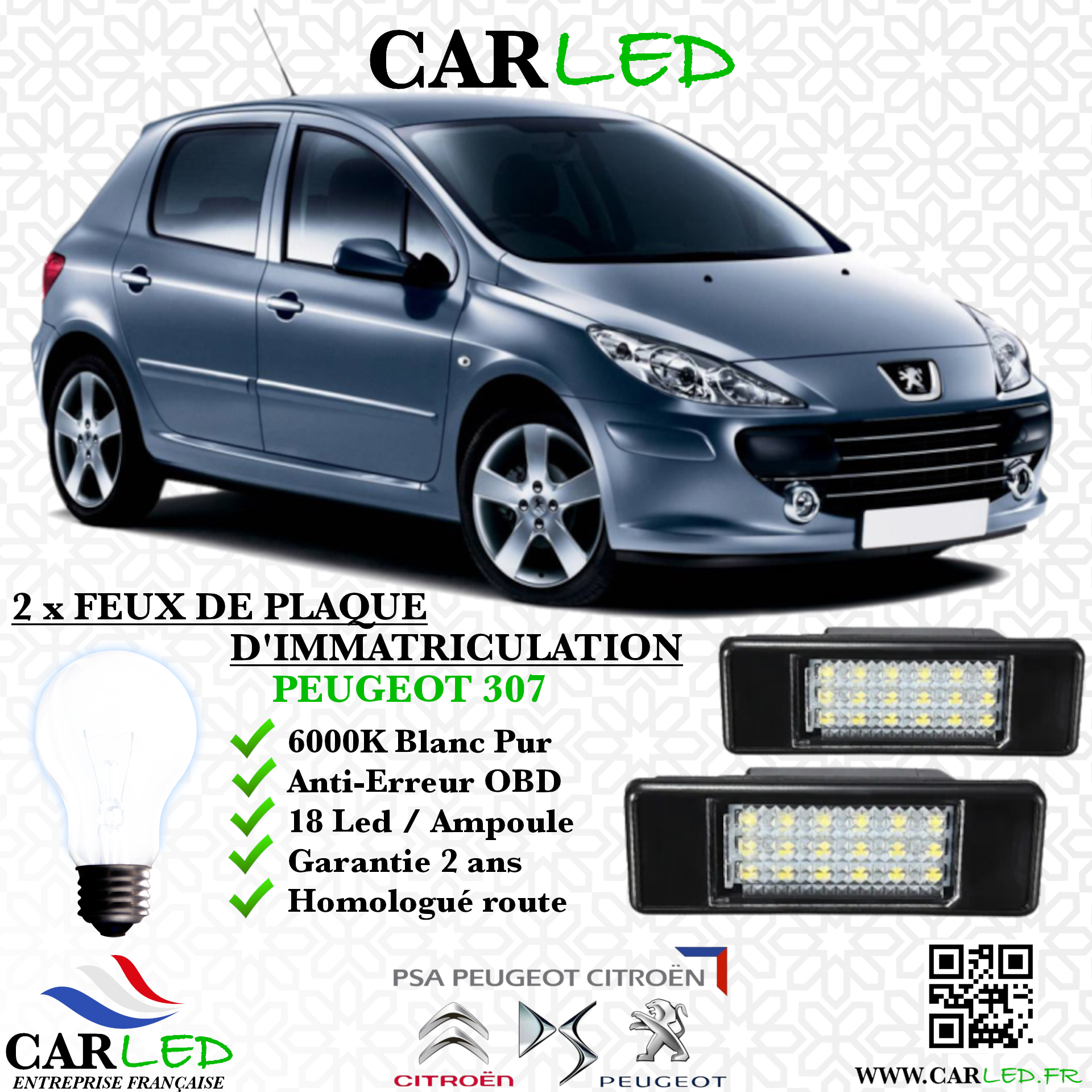 2x Feux de plaque d'immatriculation LED Peugeot 307