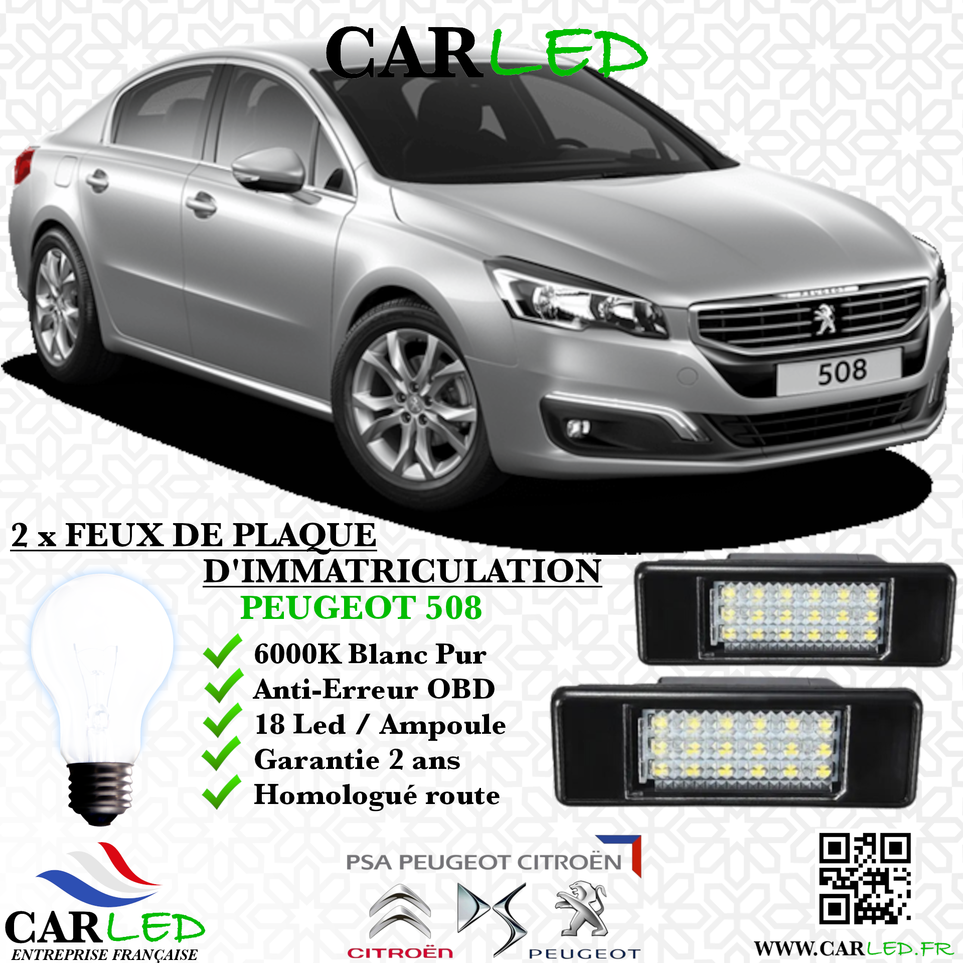 2x Feux de plaque d'immatriculation LED Peugeot 508