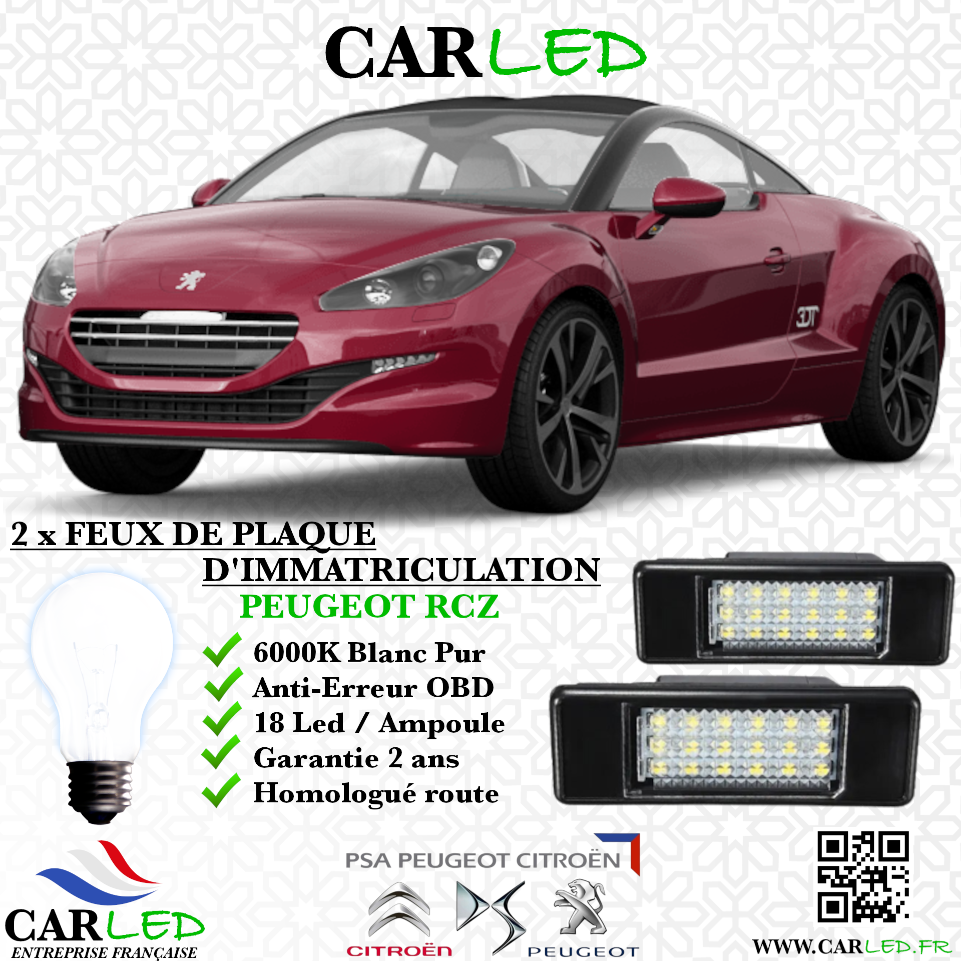 2x Feux de plaque d'immatriculation LED Peugeot RCZ