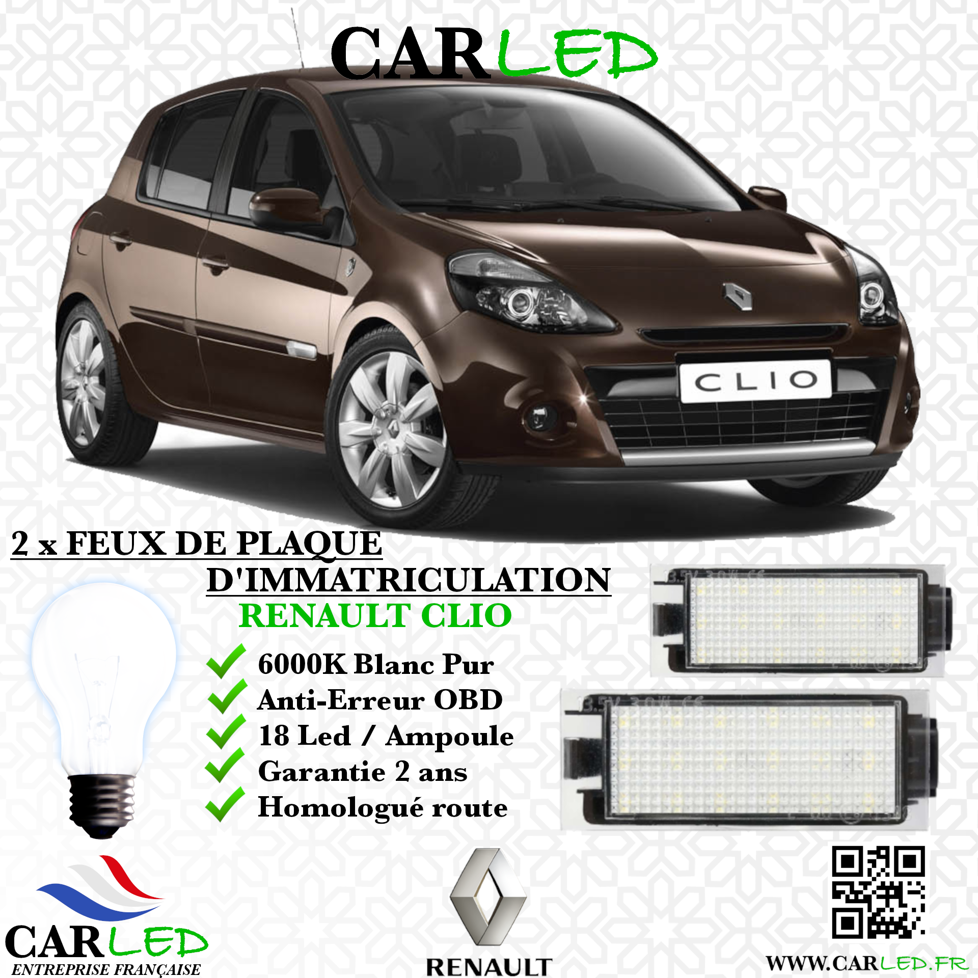 2x Feux de plaque d'immatriculation LED Renault Clio III