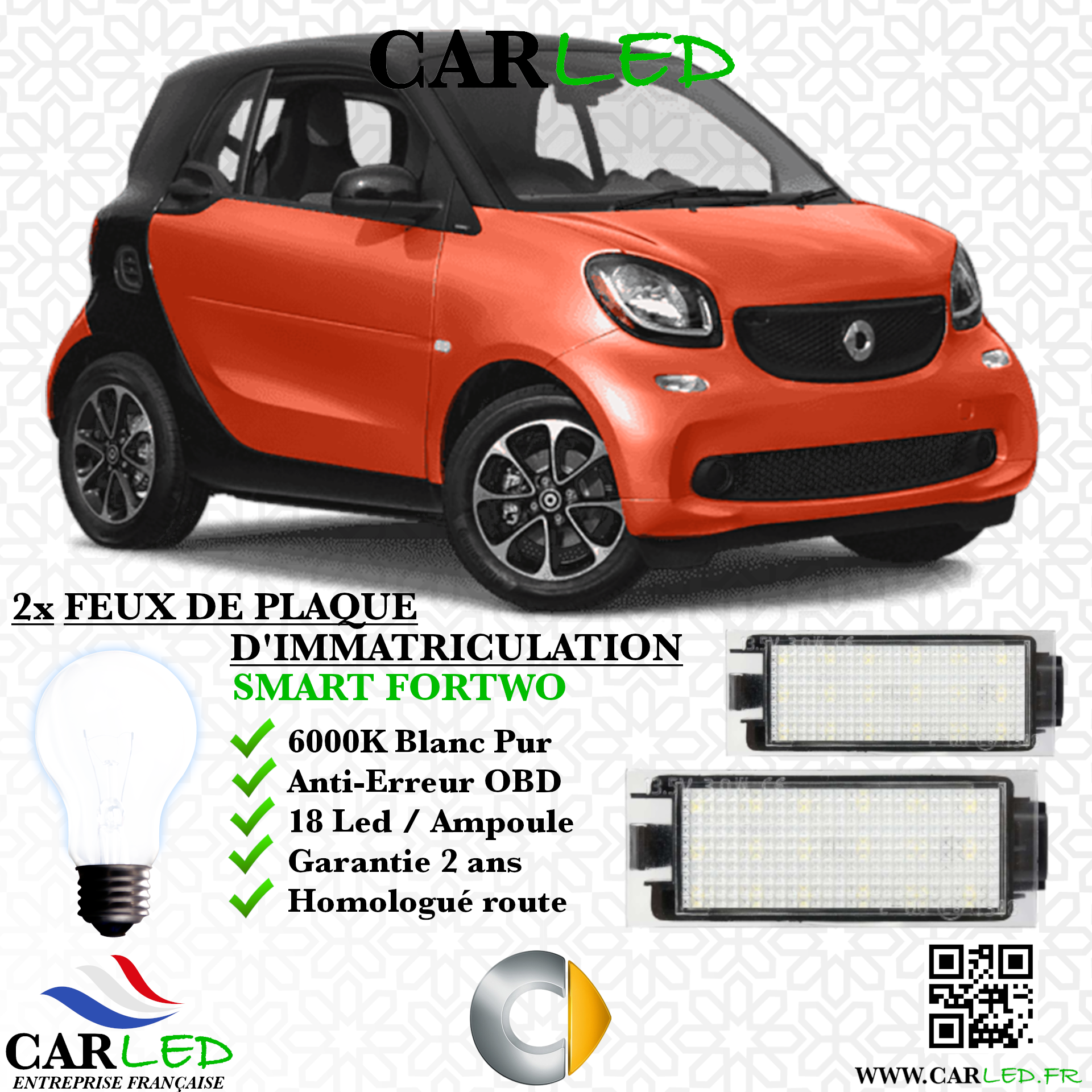 2x Feux de plaque d'immatriculation LED Smart For Two
